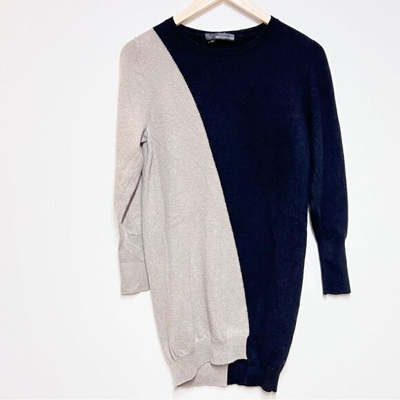 360 Cashmere Luxurious Tan Black Color Block Assymetrical Sweater Dress Sz L - Picture 2 of 6